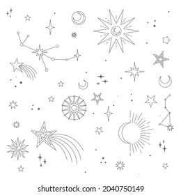 Astral elements vector design. Cosmic, celestial background. Stars, planets, sun, cosmos linear icons.