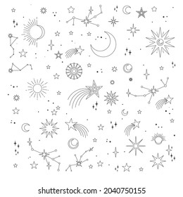 Astral elements vector design. Cosmic, celestial background. Stars, planets, sun, cosmos linear icons.