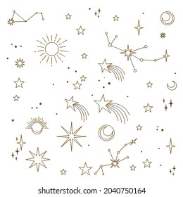 Astral elements vector design. Cosmic, celestial background. Stars, planets, sun, cosmos linear icons.