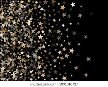 Astral gold star dust sparkle vector background. Glitter confetti, shining sparkles pattern design on dark. Glittering gold stars vector, tinsel lights background. Card backdrop.