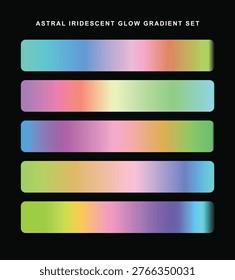 Astral iridescent glow gradient set vector illustration. Five horizontal color swatches displaying pastel neon blends. Black backdrop.