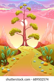 Astral landscape in the sunset. Vector cartoon illustration