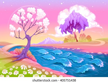 Astral landscape with trees and river