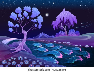 Astral landscape with trees and river in the night