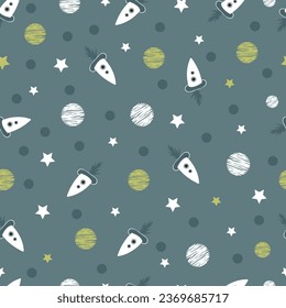 Astral seamless surface pattern design of astronomical objects. Mystic arrangement of cosmic stars, spaceships in space. Magical night sky celestial textured background for textile and printing.