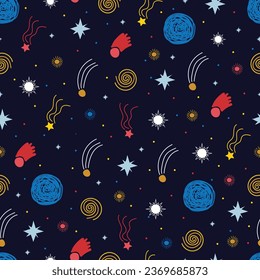 Astral seamless surface pattern design of astronomical objects. Mystic arrangement of cosmic stars, meteors, galaxies in space. Magical night sky celestial textured background for textile and printing