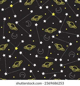 Astral seamless surface pattern design of astronomical objects. Mystic arrangement of planets, stars, moon in space. Magical night sky celestial textured background for textile and printing.