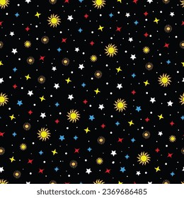 Astral seamless surface pattern design of astronomical objects. Mystic arrangement of cosmic planets, stars, meteors in space. Magical night sky celestial textured background for textile and printing.