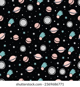 Astral seamless surface pattern design of astronomical objects. Mystic arrangement of cosmic planets, stars, meteors in space. Magical night sky celestial textured background for textile and printing.