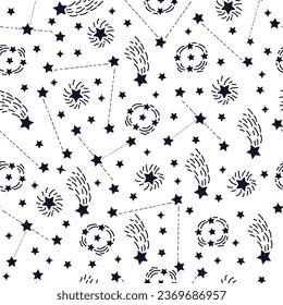 Astral seamless surface pattern design of astronomical objects. Mystic arrangement of cosmic stars, meteors in space. Magical night sky celestial textured background for textile and printing.