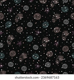 Astral seamless surface pattern design of astronomical objects. Mystic arrangement of cosmic planets, stars, meteors in space. Magical night sky celestial textured background for textile and printing.