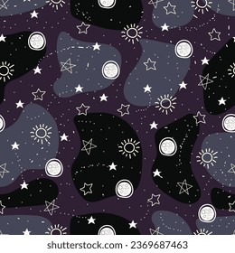 Astral seamless surface pattern design of astronomical objects. Mystic arrangement of planets, stars, asteroids, moon in space. Magical night sky celestial textured background for textile and printing