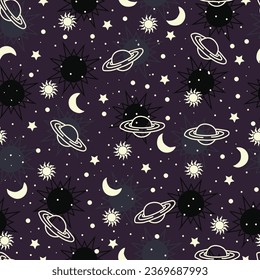 Astral seamless surface pattern design of astronomical objects. Mystic arrangement of planets, stars, moon in space. Allover print night sky celestial textured background for textile and printing.