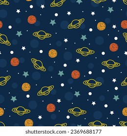 Astral seamless surface pattern design of astronomical objects. Mystic arrangement of cosmic planets, stars, meteors in space. Magical night sky celestial textured background for textile and printing.