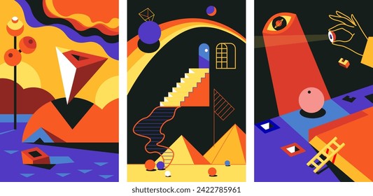 Astral and surreal landscapes with elements of fantastical and unconventional aesthetics. Symbol of transformation and fluidity of identity. Geometric bodies and mystical signs. Vector in flat style