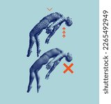 Astral travel out of body or reincarnation spiritual concept. Take me higher. Flying man in zero gravity or a fall. Hovering in the air. Levitation act in сoarse and fine style. 3D illustration.