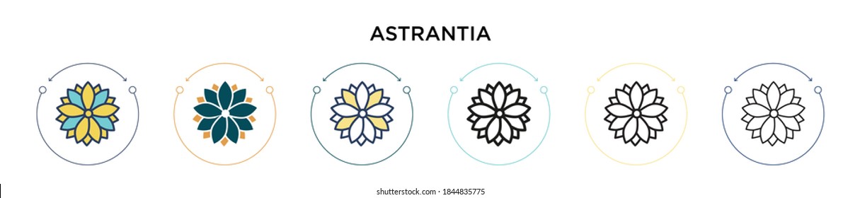 Astrantia icon in filled, thin line, outline and stroke style. Vector illustration of two colored and black astrantia vector icons designs can be used for mobile, ui, web