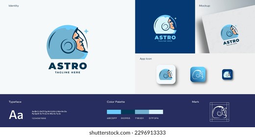 Astro Abstract Vector Sign, Emblem, Logo Template. Astronaut Face in Space Suit Helmet looking at the Star. Identity Guide with Modern Typography, mockup and app icons background layout