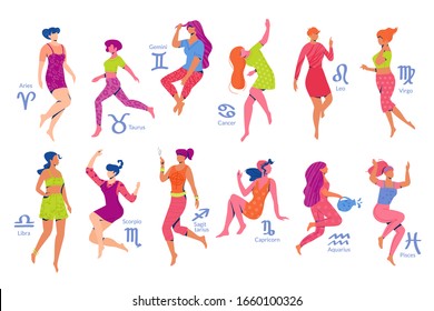 Astro app girls set with twelve modern faceless characters. Zodiac and horoscope concept for web and app design. Isolated on white background. 