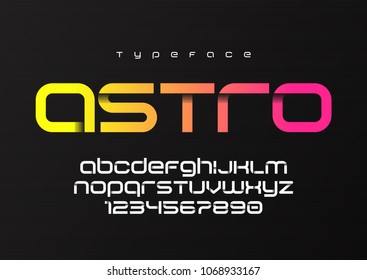 Astro futuristic minimalist display font design, alphabet, typeface, letters and numbers, typography. Swatch color control.