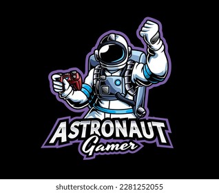 Astro Gaming Mascot Logo Design. Astronaut playing a game with a joystick in his hands