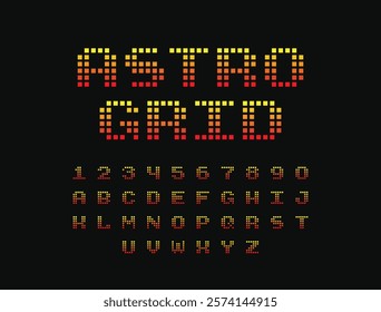 Astro Grid Font. Retro 8-Bit Typeface. Set of Pixelated Latin Capital Letters and Numbers. Vector Illustration.