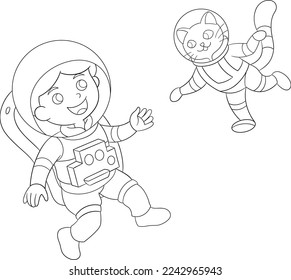 Astro Kids Black and White Vector Outline Illustration