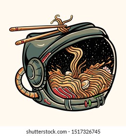 astro ramen vector illustration / ramen noodles inside astronaut helmet