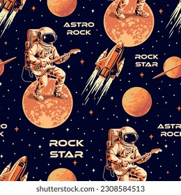 Patrón de rock astro sin fisuras colorido con astronauta tocando música en la guitarra cerca de cohetes voladores y planetas o ilustración vectorial lunar