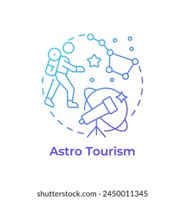 Astro turismo azul gradiente concepto icono. Exploración del cielo nocturno. Mirando las estrellas. Nicho de viaje. Turismo de Ciencia. Ilustración de línea de forma redonda. Abstractas idea. Diseño gráfico. Fácil de usar en poste de blog