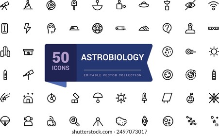 Astrobiology icon collection. Set Science outline icons collection. Minimal Linear icon editable vector stroke illustration.