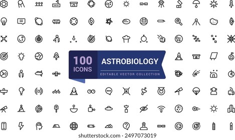 Astrobiology icon collection. Set Science outline icons collection. Minimal Linear icon editable vector stroke illustration.