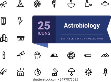 Astrobiology icon collection. Set Science outline icons collection. Minimal Linear icon editable vector stroke illustration.