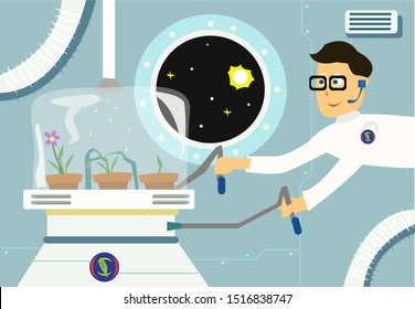 Astrobotany or space farming concept. An astronaut scientist performs experiment on plants using a robotic arms inside a laboratory in space. Editable Clip Art.