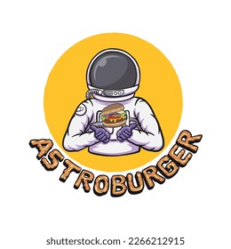 Astroburger einzeln auf weißem Hintergrund. Astronautin Eating Burger Cartoon Vektorgrafik Illustration
