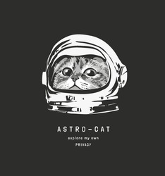 Astrocat Slogan With B/w Cute Cat In Astronaut Helmet Illustration On Black Background