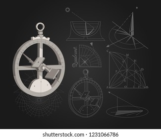 Astrolabe. Astronomy lessons. Astronomy. Navigation. Vintage tools. Wind rose. Lectures at University.