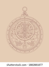 Astrolabe with oriental patterns. Outline drawing. Retro style navigation.