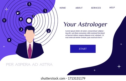 Astrologer. Astrological consultation online. Webdesign for the site. Space, planets, stars. Symbols of the esoteric. A man in a flat design suit. Vector stock illustration.