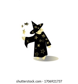 astrologer in a cone hat and mantle with stars