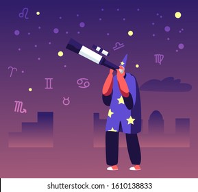 Astrologer in Costume and Cap Watching on Moon and Stars through Telescope Studying Space. Astrology School, Cosmos Exploration, Scientific Investigation, Education. Cartoon Flat Vector Illustration