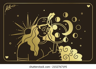 An astrologer examines the phases of the moon. Find out fate by the location of the moon. Astrology and business. Drawing up a horoscope according to the natal chart. Flat style. Vector illustration.