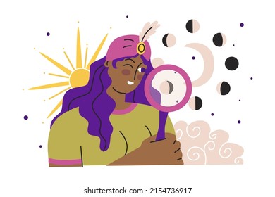 An astrologer examines the phases of the moon. Find out fate by the location of the moon. Astrology and business. Drawing up a horoscope according to the natal chart. Flat style. Vector illustration.