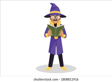 Astrologer is holding a book in his hands and reading. Vector graphic illustration. Individually on white background.