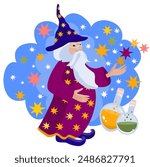 Astrologer, magician, wizard, sorcerer man with a beard, potion, on a blue background with stars. Vector illustration