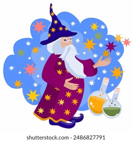 Astrologer, magician, wizard, sorcerer man with a beard, potion, on a blue background with stars. Vector illustration