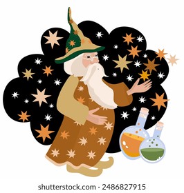 Astrologer, magician, wizard, sorcerer man with a beard, potion, on a black background with stars. Vector illustration