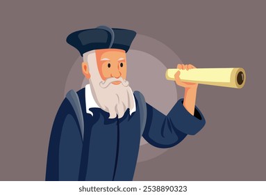 
Astrologer Nostradamus Vector Caricature Illustration. Michel de nostredame seeing through the telescope 
