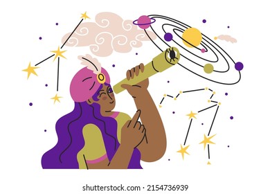 Astrologer observes the positions of the planets. Astrology and business. Drawing up a horoscope according to the natal chart. Consultation of clients. Flat style in vector illustration. 