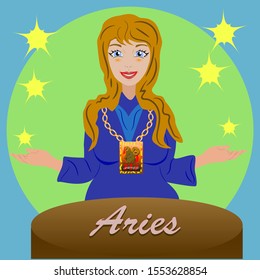 astrologer with ram sign of fire signs at the table and smiling